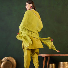 Green Embroidered Mirror Work Round Neck Straight Kurta With Dhoti Pants & Dupatta
