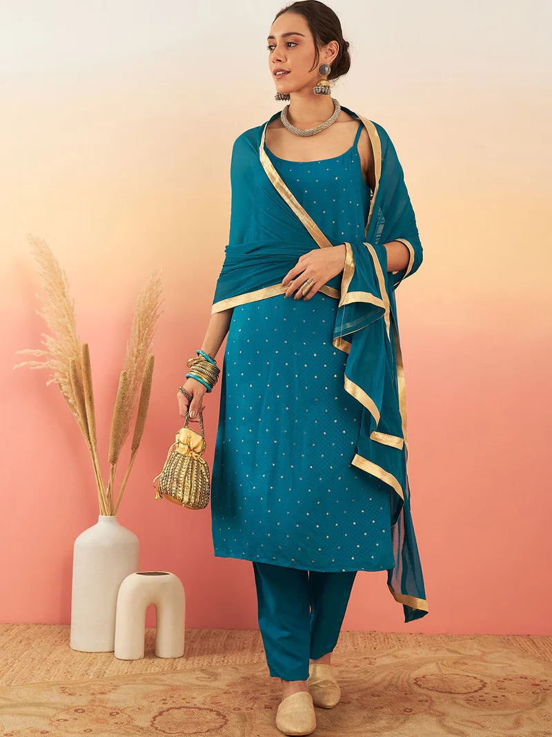 Embroidered Shoulder Straps Straight Kurta With Trousers & Dupatta