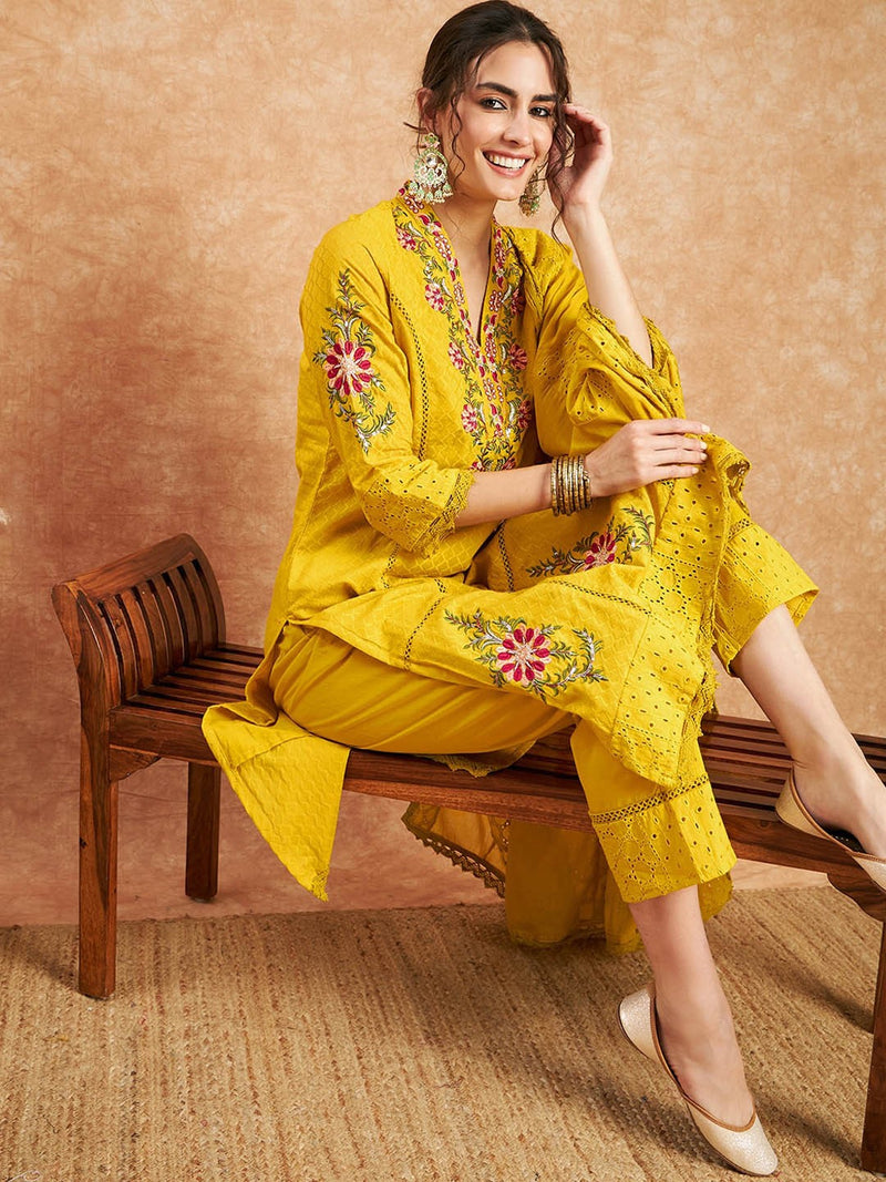 Floral Embroidered Pure Cotton Straight Kurta With Trouser & Dupatta