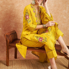 Floral Embroidered Pure Cotton Straight Kurta With Trouser & Dupatta