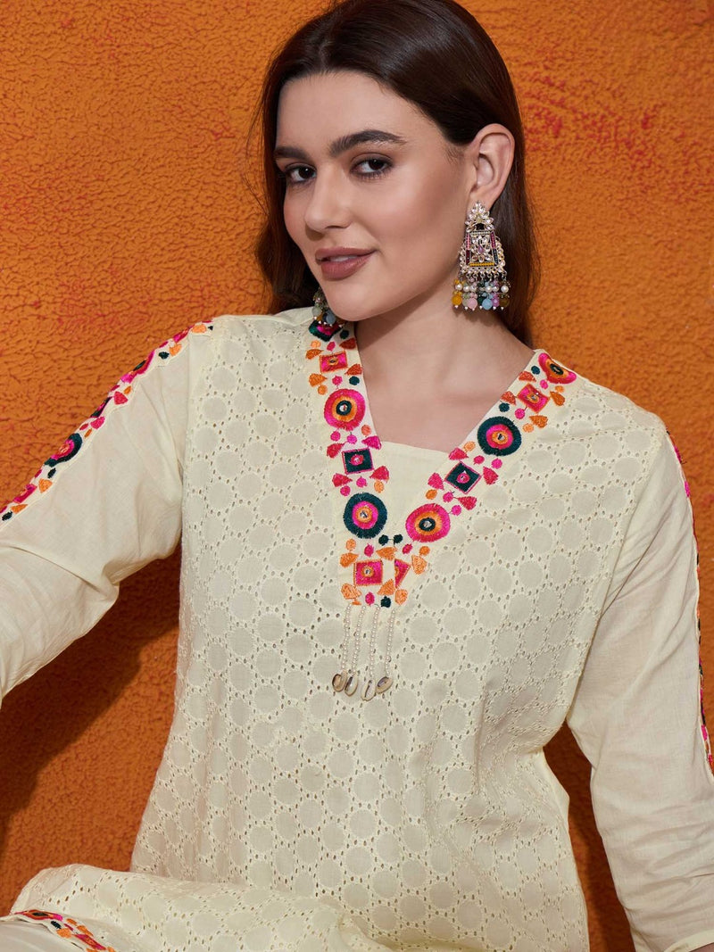 Abstract Embroidered Pure Cotton Top With Trouser Co-Ords