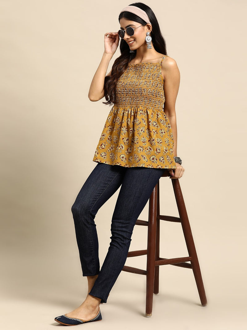 Floral Printed Smocked Cotton A-Line Top