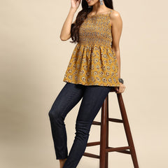 Floral Printed Smocked Cotton A-Line Top