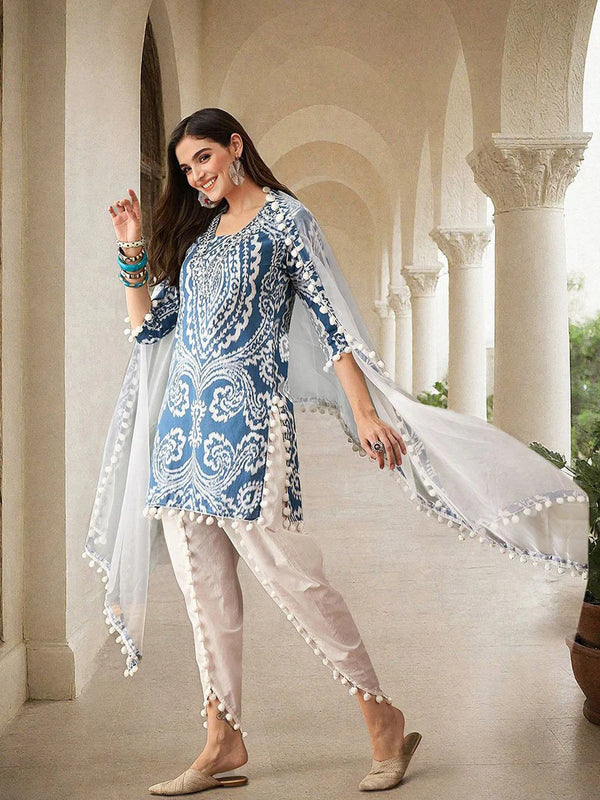Ethnic Motifs Printed & Mirror Work Pure Cotton Kurta With Dhoti Pant & Dupatta Kurta Set