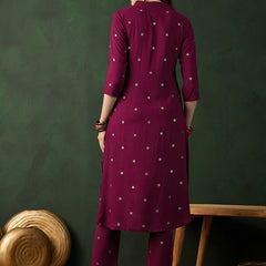 Burgundy Floral Printed V-Neck Straight Kurta With Trousers
