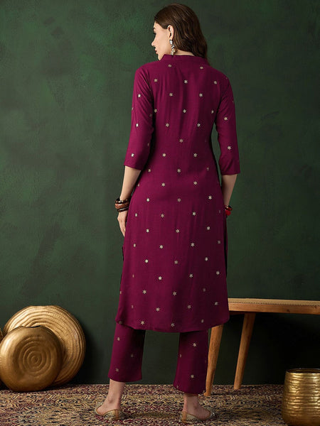 Burgundy Floral Printed V-Neck Straight Kurta With Trousers