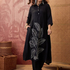 Black Floral Embroidered  A-Line Kurta With Trouser Kurta Set