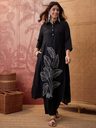 Black Floral Embroidered  A-Line Kurta With Trouser Kurta Set