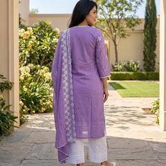 Purple Embroidered Pure Cotton Straight Kurta With Trouser & Dupatta