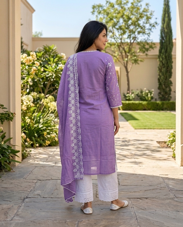 Purple Embroidered Pure Cotton Straight Kurta With Trouser & Dupatta