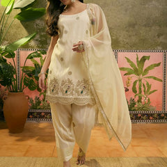 Off White Embroidered & Sequin Work Shoulder Straps  Kurta With Trouser & Dupatta Kurta Set