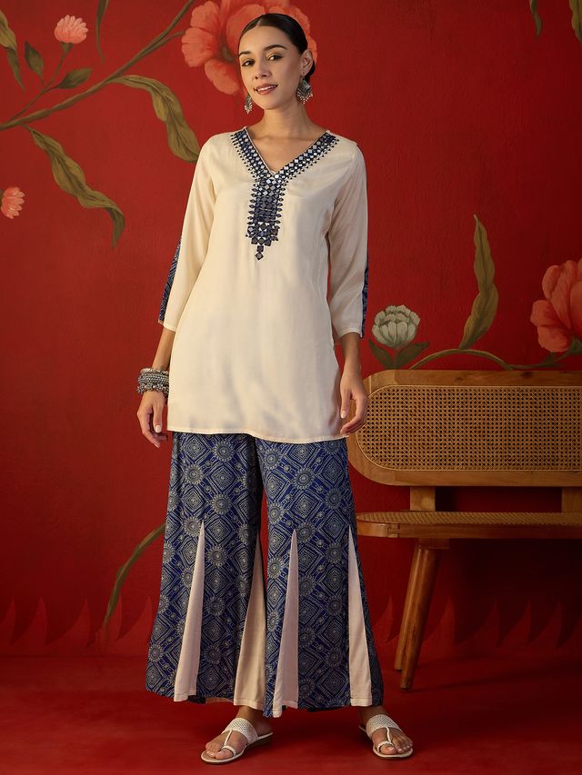 Floral Embroidered Tunic With Printed Palazzo Co-Ords Set