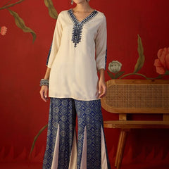 Floral Embroidered Tunic With Printed Palazzo Co-Ords Set