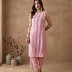 Pink Striped Print Pure Cotton Shoulder Straps Kurta & Trousers