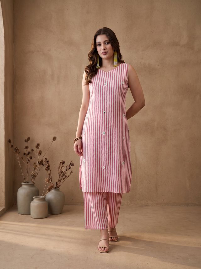 Pink Striped Print Pure Cotton Shoulder Straps Kurta & Trousers