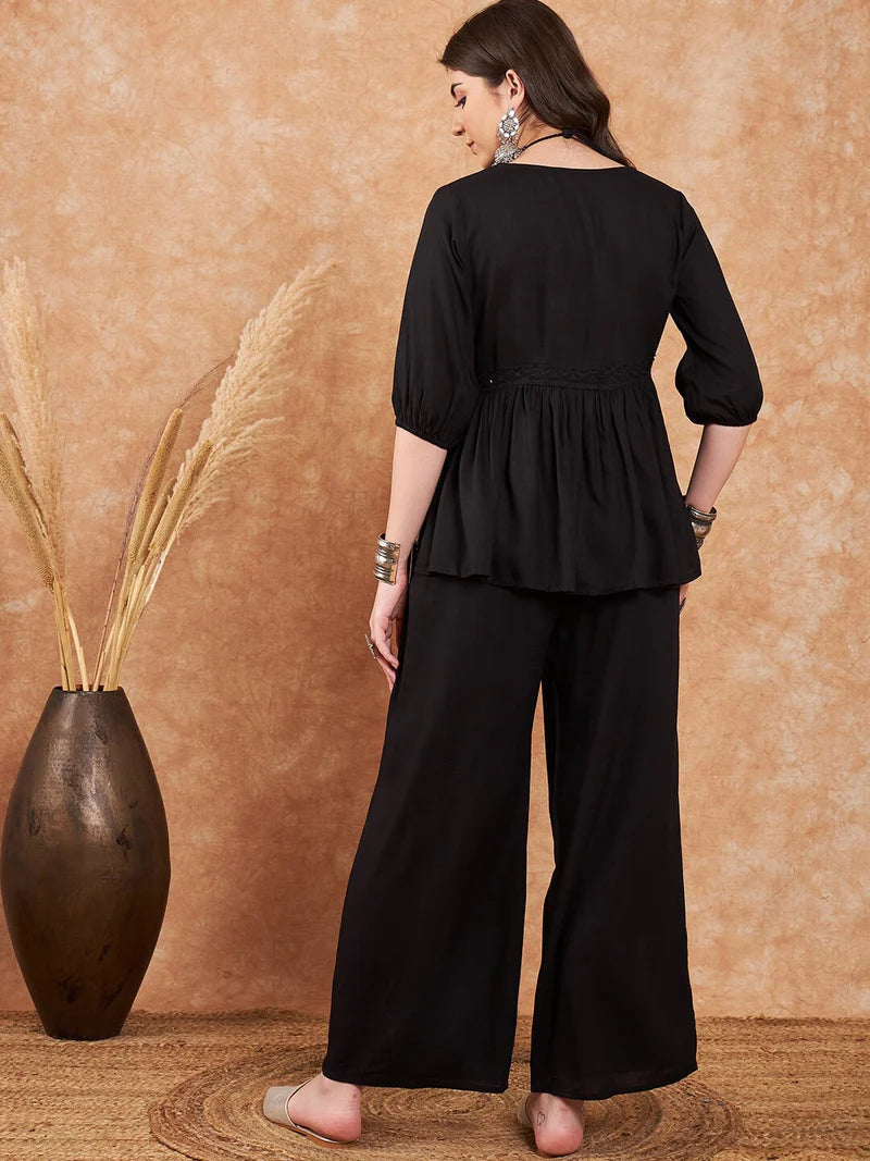 Embellished Lace Up Detail Top & Palazzo Co-Ords Set