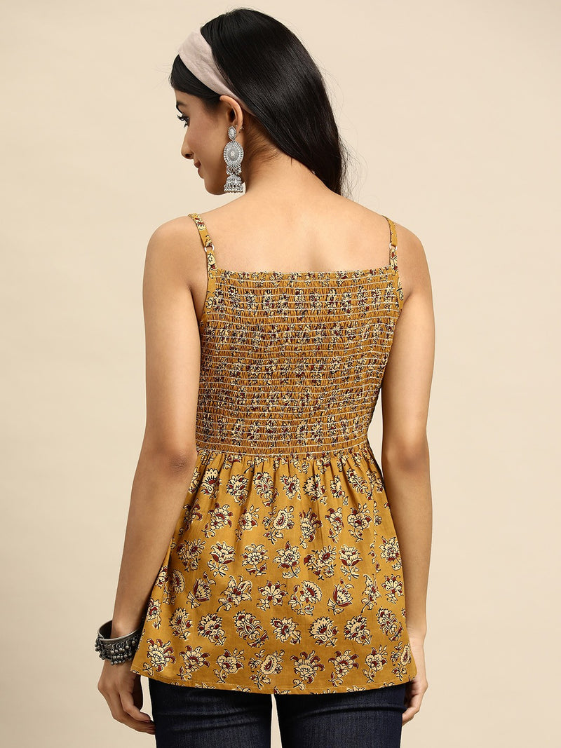 Floral Printed Smocked Cotton A-Line Top