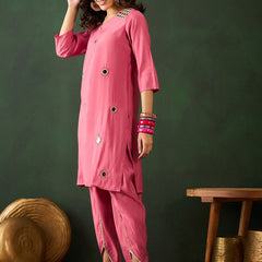 Floral Embroidered Mirror Work Straight Kurta With Dhoti Pant