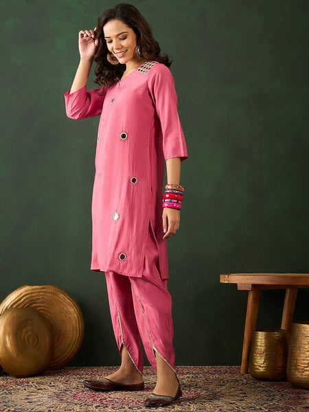 Floral Embroidered Mirror Work Straight Kurta With Dhoti Pant