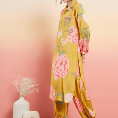 Floral Printed Shirt Collar Mirror Work Pathani Kurta & Trousers