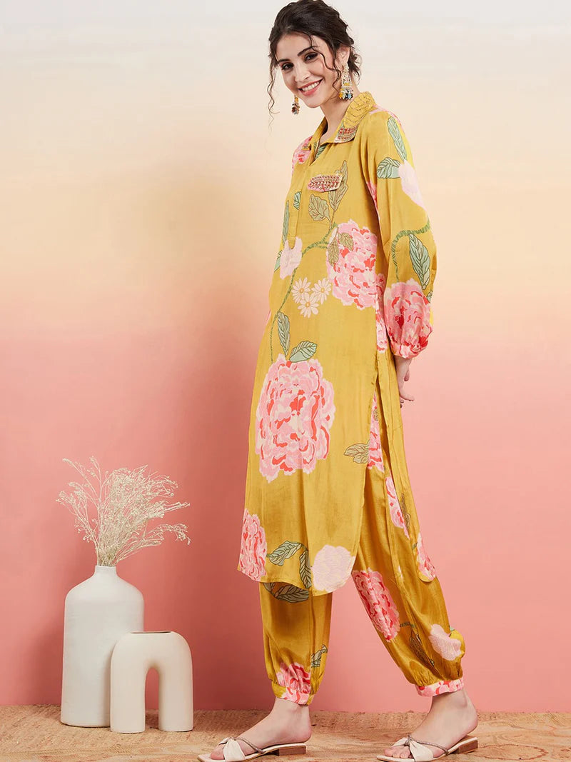 Floral Printed Shirt Collar Mirror Work Pathani Kurta & Trousers