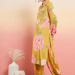 Floral Printed Shirt Collar Mirror Work Pathani Kurta & Trousers