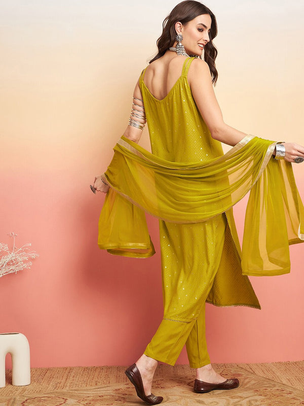 Printed Shoulder Strap Gotta Patti Kurta With Trousers & Dupatta