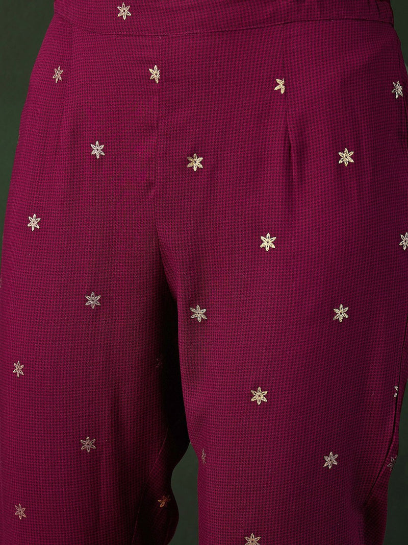Burgundy Floral Printed V-Neck Straight Kurta With Trousers