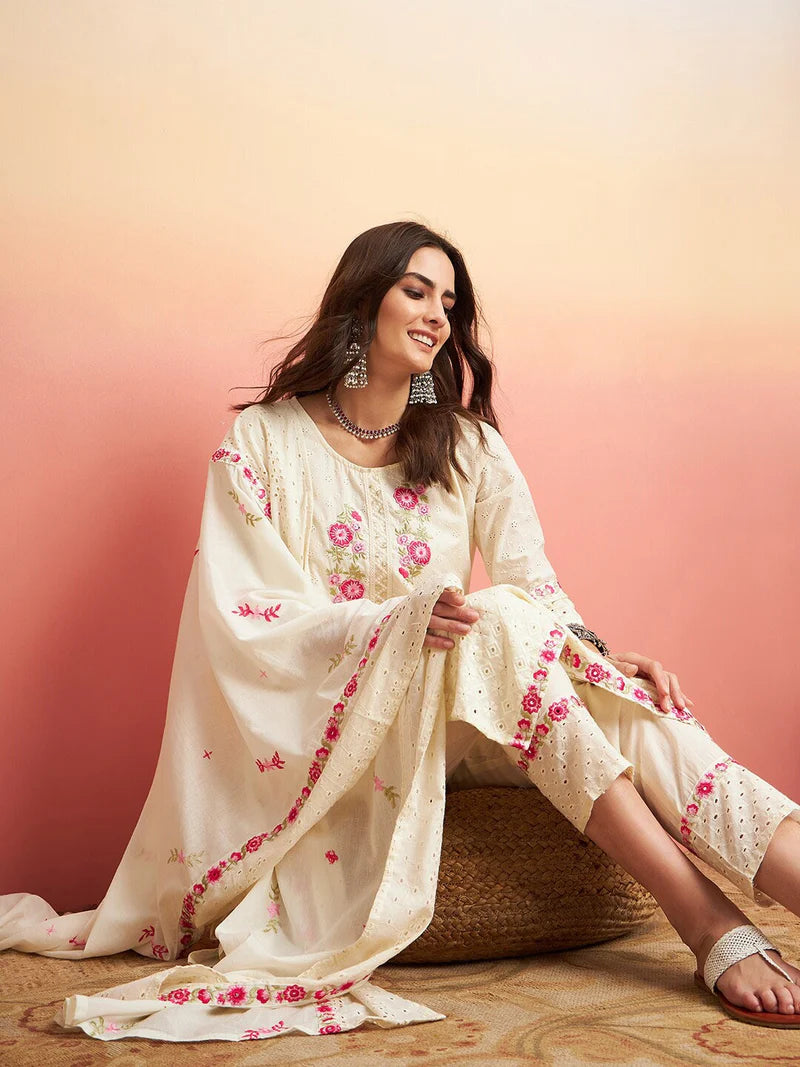 Floral Embroidered Pure Cotton Straight Kurta With Trouser & Dupatta