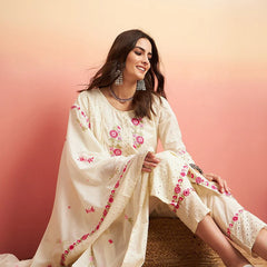 Floral Embroidered Pure Cotton Straight Kurta With Trouser & Dupatta
