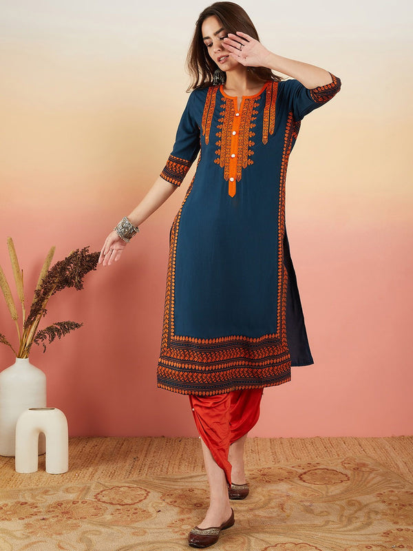 Navy Blue Ethnic Motifs Embroidered Thread Work Straight Kurta