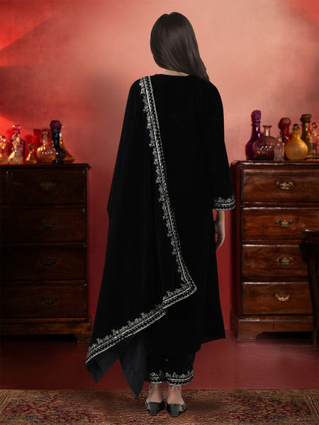 Black Embroidered Yoke Design Velvet Straight Kurta With Trousers & Dupatta Kurta Set
