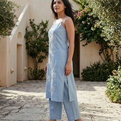 Embroidered Pure Cotton Sholder Straps Straight Kurta With Trouser