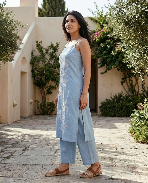 Embroidered Pure Cotton Sholder Straps Straight Kurta With Trouser