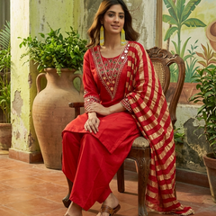Floral Embroidered & Mirror Work Straight Kurta With & Farsi Salwar & Dupatta