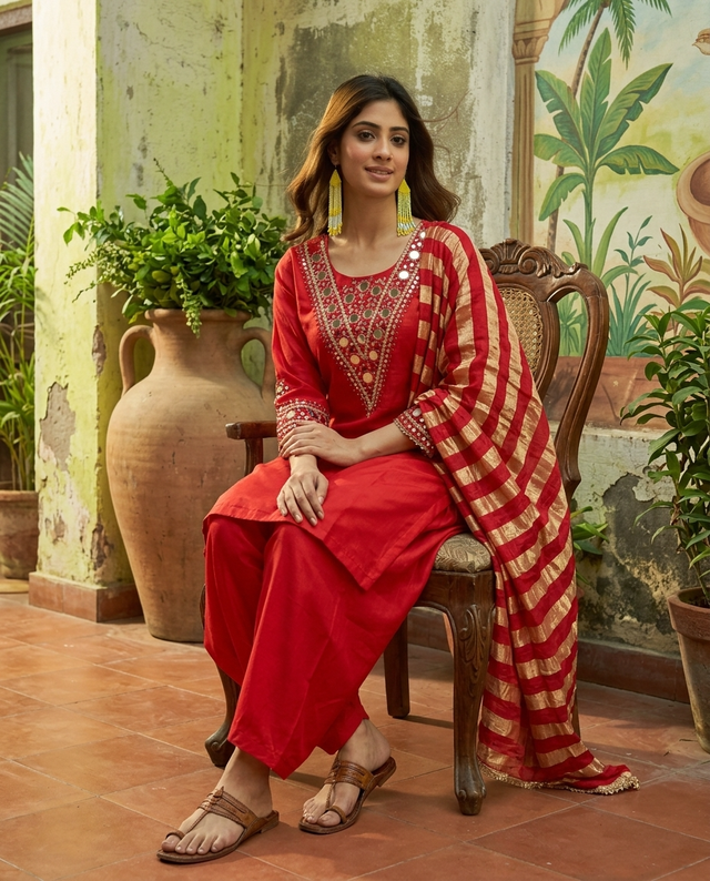 Floral Embroidered & Mirror Work Straight Kurta With & Farsi Salwar & Dupatta