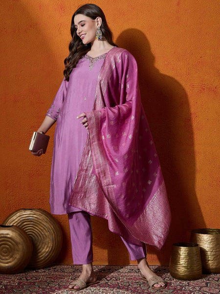 Purple Embroidered V-Neck Straight Kurta With Trousers And Dupatta