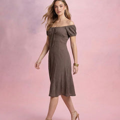 Brown Off-Shoulder A-Line Midi Dress
