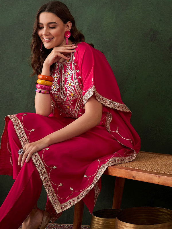 Geometric Embroidered & Mirror Work Kaftan Kurta With Trouser