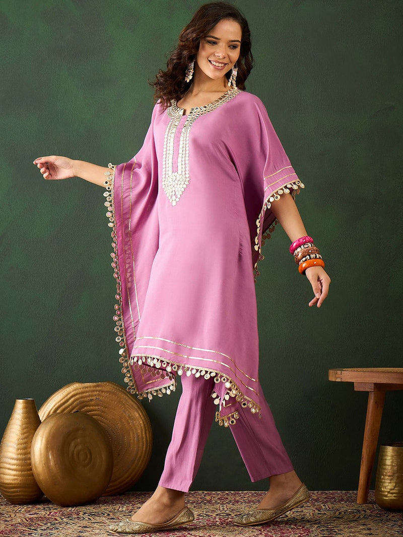Yoke Design V-Neck Mirror Work Kaftan Kurta With Trousers