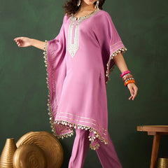 Yoke Design V-Neck Mirror Work Kaftan Kurta With Trousers