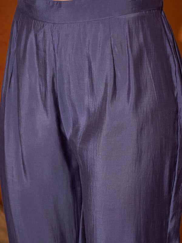 Blue Geometric Embroidered Round Neck Mirror Work Kaftan With Trousers