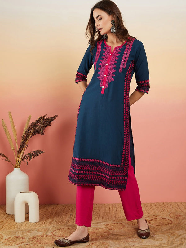 Ethnic Motifs Embroidered Thread Work Straight Kurta