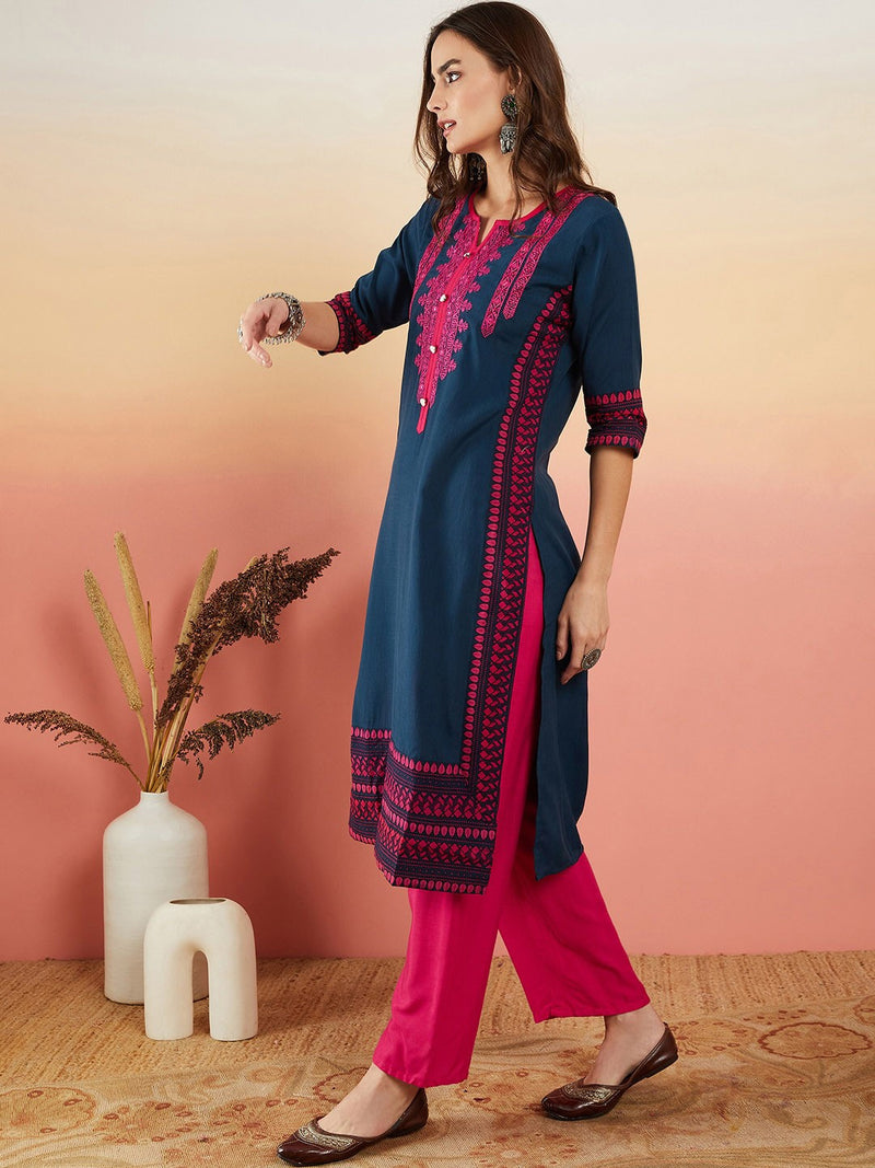 Ethnic Motifs Embroidered Thread Work Straight Kurta