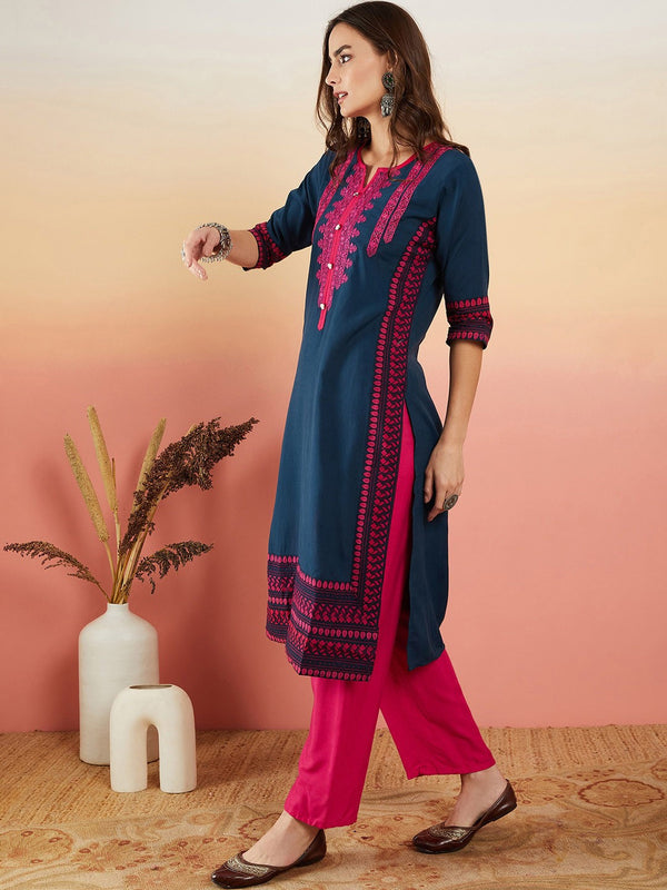 Ethnic Motifs Embroidered Thread Work Straight Kurta