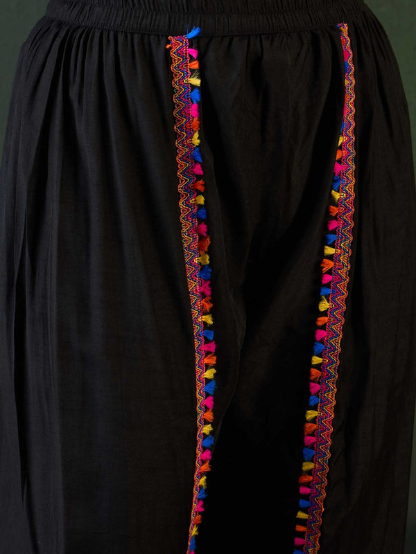 Black Mirror Work V-Neck Kaftan Kurta With Dhoti Pants