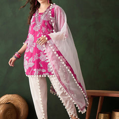 Pink Floral Printed Mirror Work Straight Kurti With Dhoti Pants & Dupatta