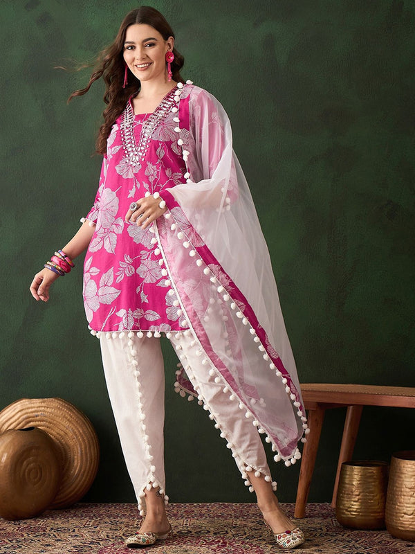 Pink Floral Printed Mirror Work Straight Kurti With Dhoti Pants & Dupatta