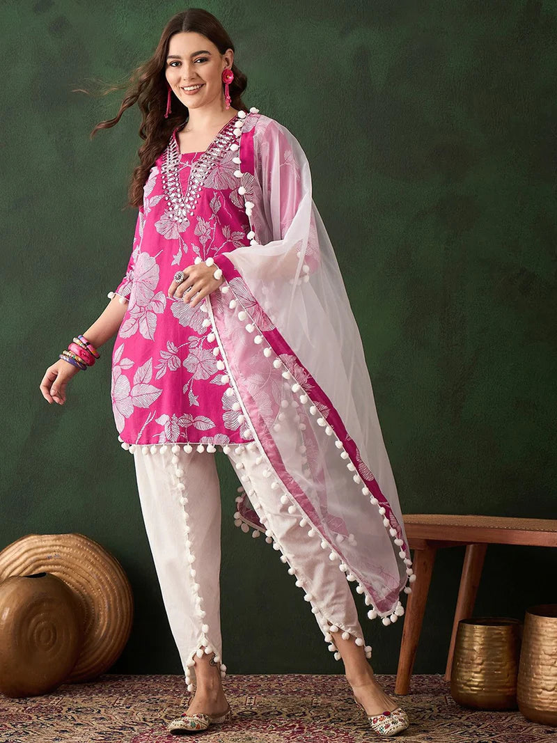 Floral Printed Mirror Work Pure Cotton Kurta With Dhoti Pant & Dupatta