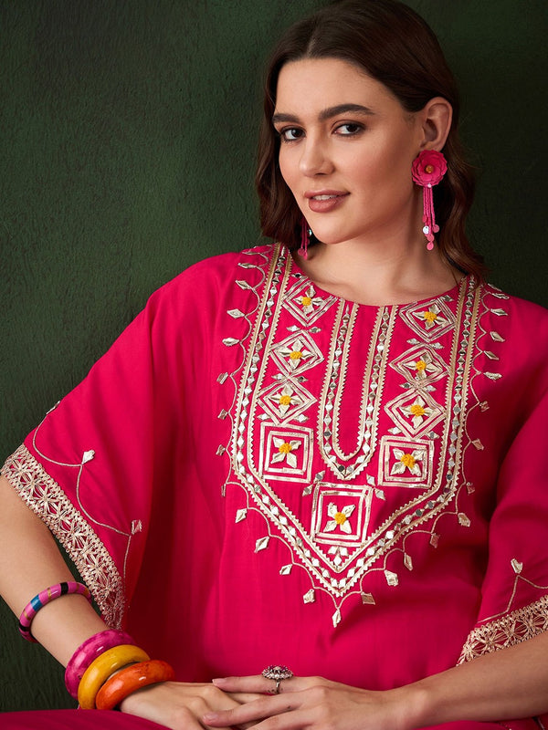 Geometric Embroidered & Mirror Work Kaftan Kurta With Trouser